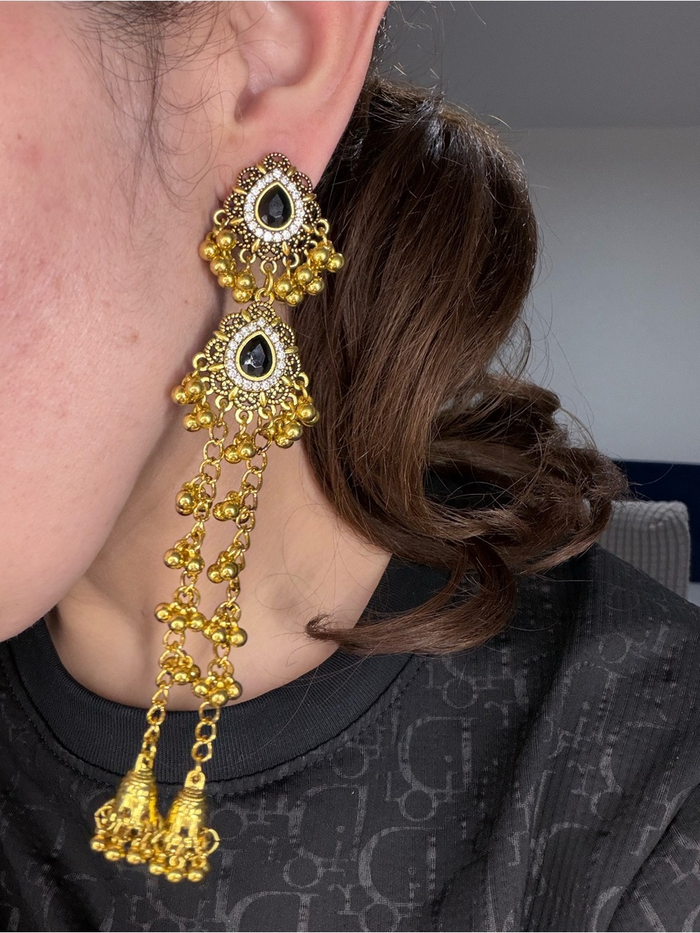 Gold and Black Long Teardrop Dangle Earrings